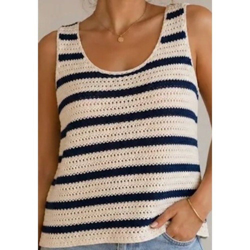 Tuckernuck Knit Cotton Tank Women M Blue Cream Striped Nautical Preppy Top